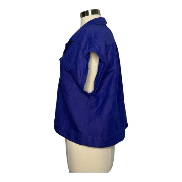 Anthropologie Linen Blend Crop Utility Pocket Split V Neck Collared Top Size L - Picture 4 of 10